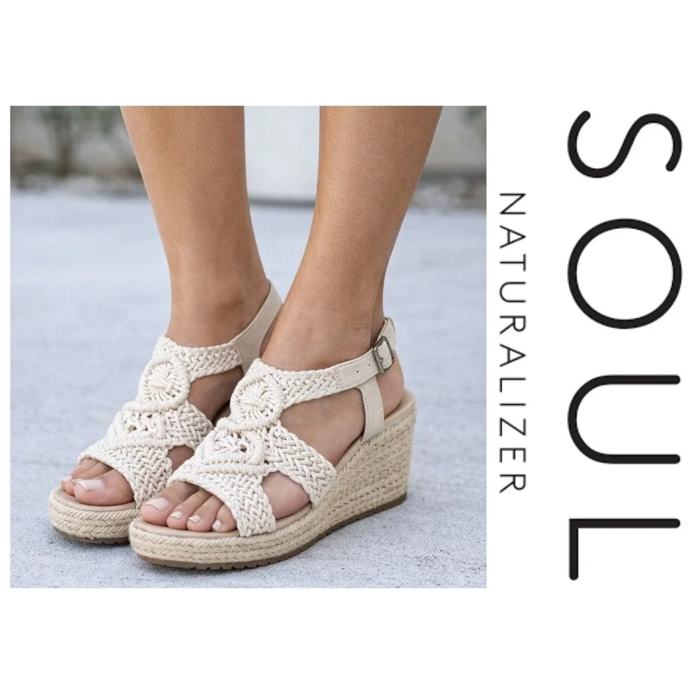 Soul Naturalizer Oasis Espadrille Wedge Macrame Sandals Cream Crochet Womens 8.5 - Picture 1 of 12